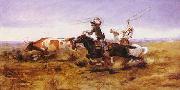 Charles M Russell O.H.Cowboys Roping a Steer oil painting on canvas